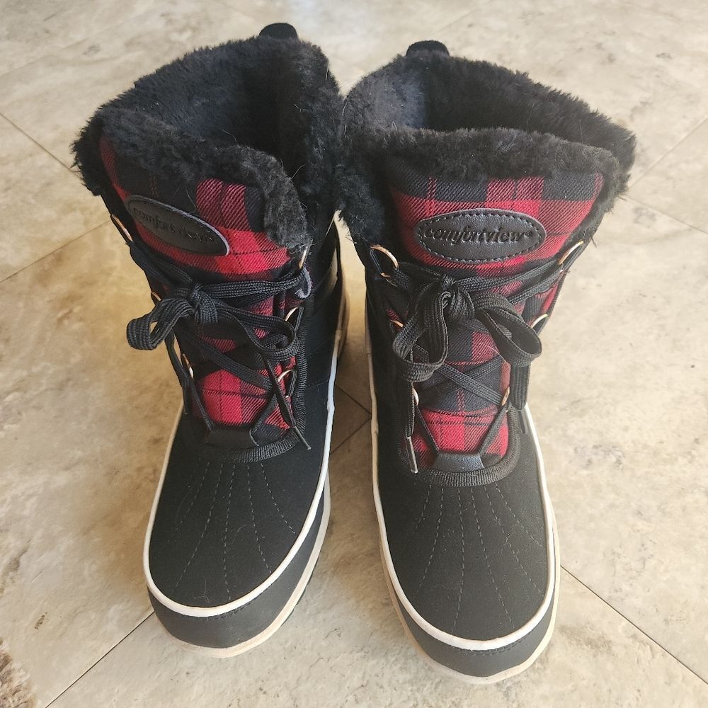 Comfortview Winter black & red Plaid Leather Boots Sz 7W Waterproof Fur lining